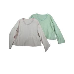 Bundle Lot of 2 Pink & Green Long Sleeve V-Neck Shirts Women's Size XL
